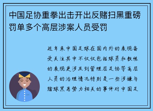 中国足协重拳出击开出反赌扫黑重磅罚单多个高层涉案人员受罚