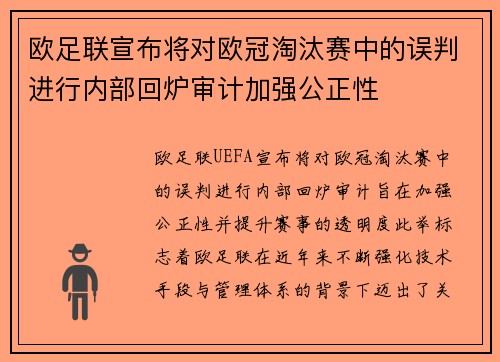 欧足联宣布将对欧冠淘汰赛中的误判进行内部回炉审计加强公正性