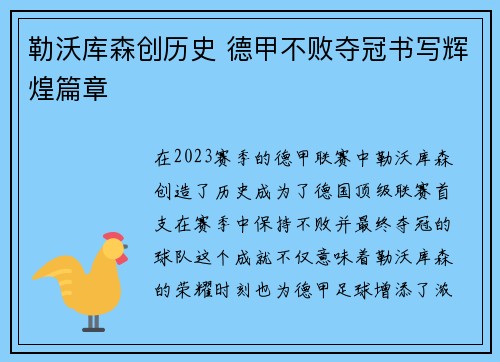 勒沃库森创历史 德甲不败夺冠书写辉煌篇章