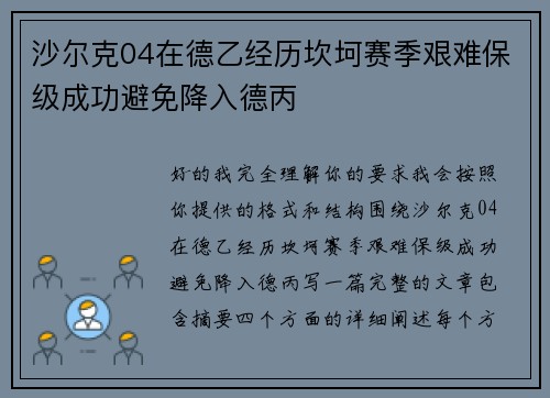 沙尔克04在德乙经历坎坷赛季艰难保级成功避免降入德丙